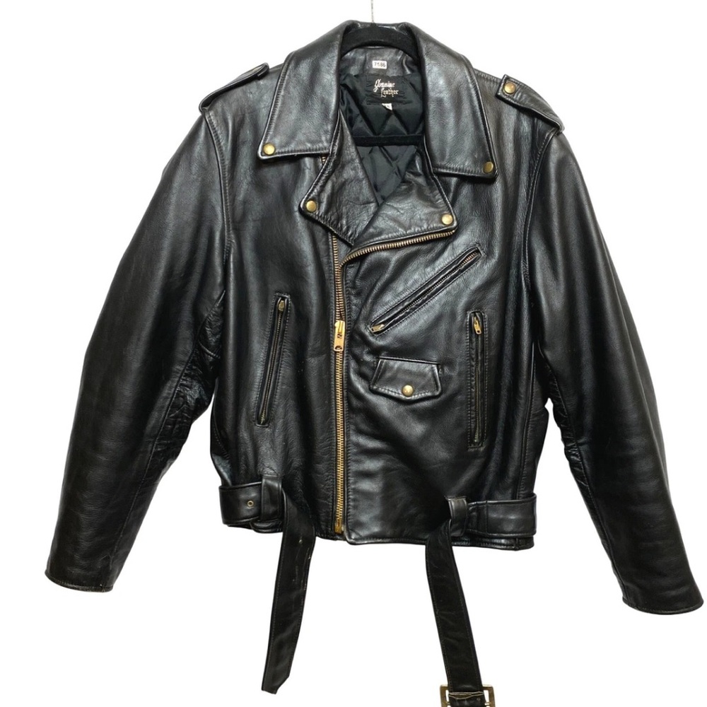 Vintage Genuine Leather Motorcycle Jacket Black Mens Size 46 Talon Zip Belted